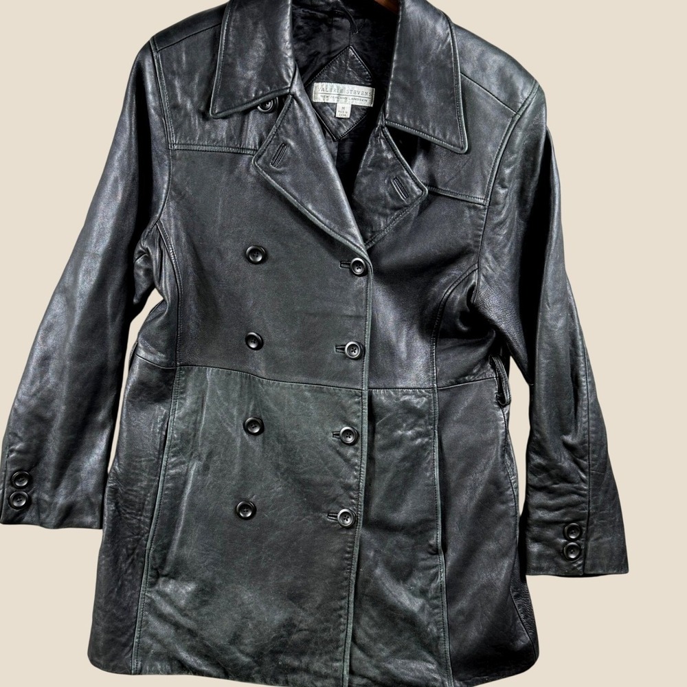 Vintage Valerie Stevens Jacket Women M Black Lambskin Leather Peacoat Trench